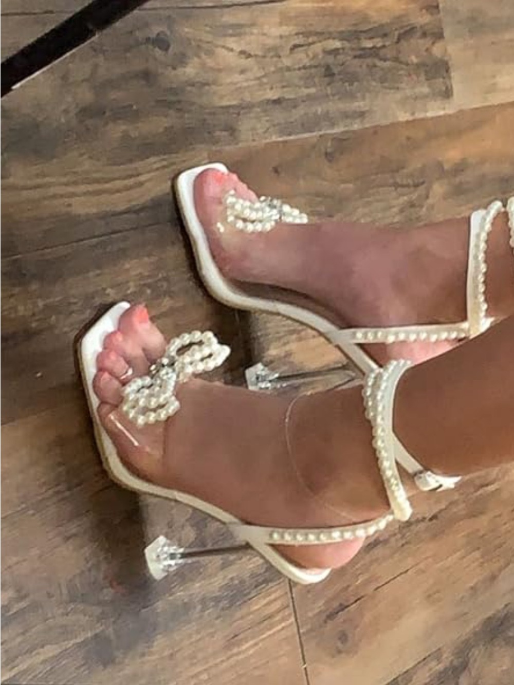 Pearl-Embellished White High Heel Sandals - Picture 3 of 4
